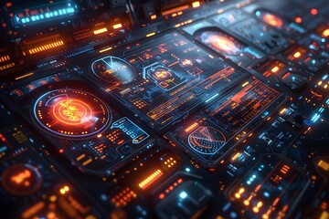 Futuristic control panel interface with glowing displays and complex data visualizations presenting advanced technology and high tech details in orange and blue