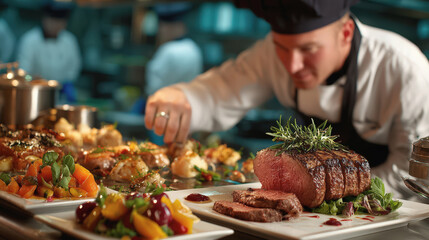Obraz premium A chef prepares and plates gourmet dishes with roasted meat and colorful vegetables in a professional kitchen.
