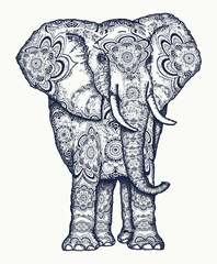 Elephant tattoo. Decorative colorful elephant sacral ornament. Symbol of meditation, love, freedom, spiritual search. Boho elephant tattoo and t-shirt design