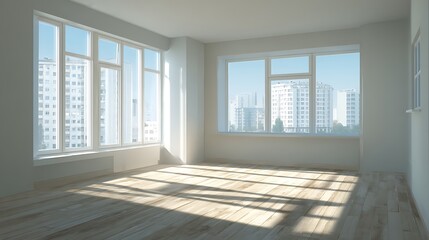 Bright and open empty room with large window and wooden floor in modern interior design style