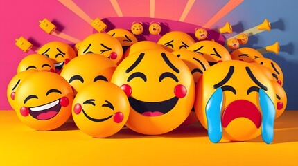 A vibrant background of numerous yellow emoji faces with different expressions creates a cheerful and playful digital pattern. Abstract concept