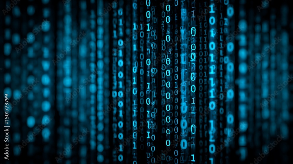 Poster Blue digital binary data on computer screen background