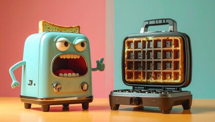 Animated toaster shouts at open waffle maker