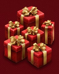 Stacked red gift boxes with gold ribbons and bows isometric view for holiday celebration and festive occasion