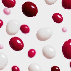 Abstract composition of floating white and red candy drops on white background studio shot minimalist style