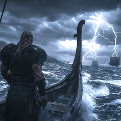 Stormy seas rage around a longship.