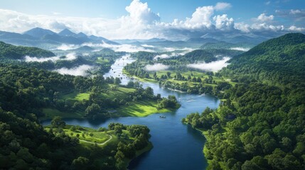 Scenic river adventure lush green valley nature photography serene environment aerial view tranquility and beauty