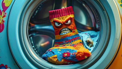 Angry patterned sock with a face in a washing machine ready for laundry