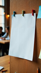 Blank white paper pinned on corkboard in creative studio with warm lights