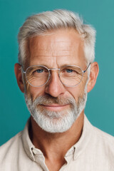 Portrait of a handsome senior man with silver hair and beard wearing round eyeglasses smiling