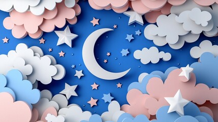 Moon and stars with Pisces and Gemini signs in a pink floral spring illustration