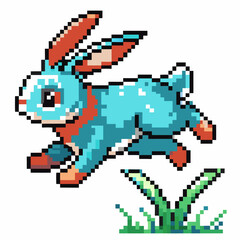 pixel art rabbit leaping over grass vibrant blue, retro animated style, pixelated design, vintage gaming aesthetics
