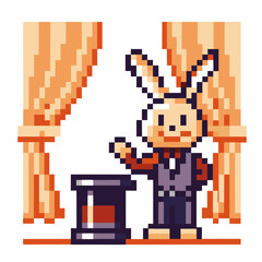 Fototapeta premium Pixel art magician with rabbit ears performing magic trick on stage with curtains