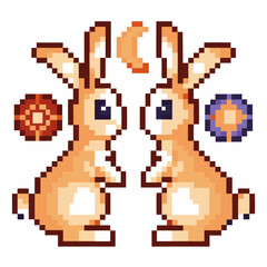 Obraz premium pixel art rabbits facing each other retro design with geometric floral elements and crescent moon