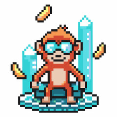 Fototapeta premium Pixel art monkey with ice crystals and bananas, retro gaming character design