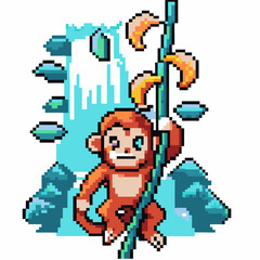 Obraz premium Pixel art monkey swinging on vine with bananas and waterfall backdrop