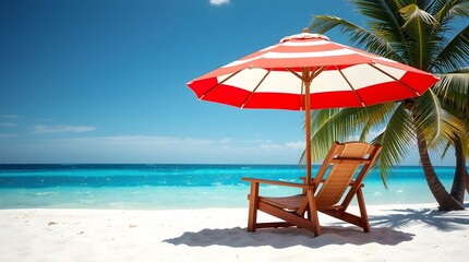 A white beach umbrella and a comfortable wicker chair are positioned on a sandy beach next to the turquoise sea under a clear blue sky. Travel concept