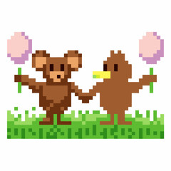 Obraz premium pixel art mouse and bird with flowers retro grass background, cute friendship theme