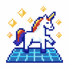 pixel unicorn with sparkling stars, retro 8 bit colorful fantasy creature on blue digital grid