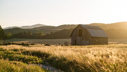 Golden sunlit barn in a grassy field with rolling hills in the distance