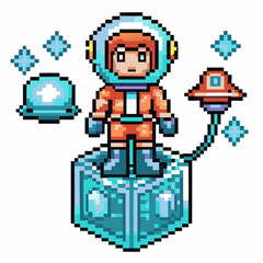 Pixel art astronaut on icy planet with floating ufo and space helmet retro gaming, interstellar exploration