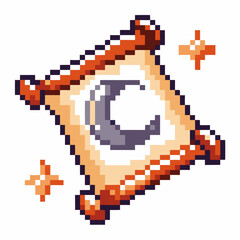 Pixelated magic scroll with crescent moon, mystical enchantment, digital fantasy art