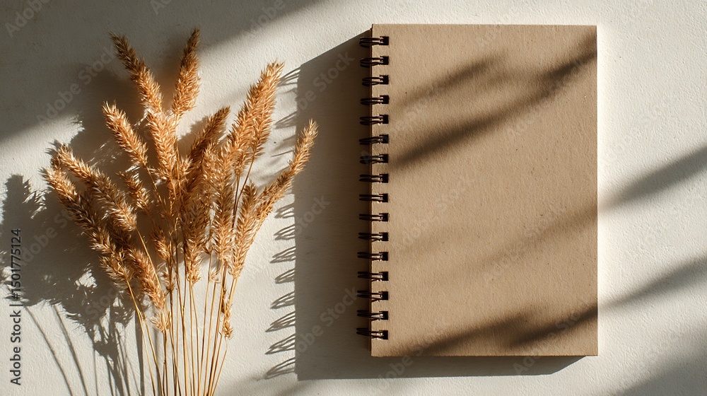 Poster aesthetic flat lay of a closed notebook and dried grass on a neutral background in natural light