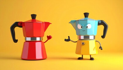 Animated coffee pots, one friendly red, the other grumpy blue-yellow