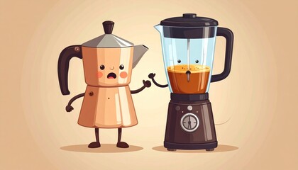 Cartoon coffee maker meets blender with worried expression and coffee