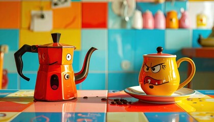 Whimsical kitchen setup with orange stovetop espresso maker and angry face mug