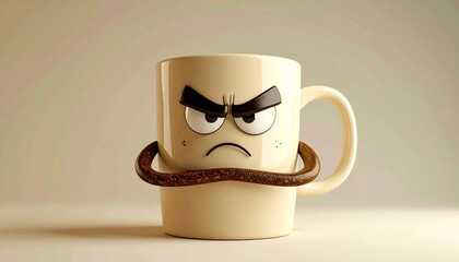Irritated mug with angry cartoon eyes and large mustache on pale backdrop