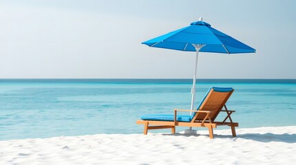 A white beach umbrella and a comfortable wicker chair are positioned on a sandy beach next to the turquoise sea under a clear blue sky. Travel concept