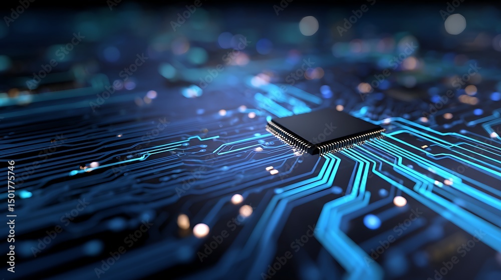 Fototapete abstract digital circuit board on blue tech background, circuit connected lines and dots on motherbo