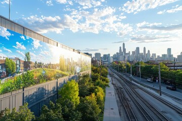 Fototapeta premium Urban landscape art installation showcasing nature and city life in chicago daytime panoramic view