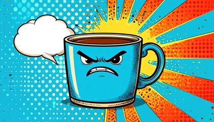 Grumpy blue mug with angry face against pop art background with thought bubble