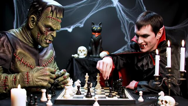 Halloween monsters including frankenstein and vampire playing chess surrounded by skulls, black cat, and candles. spooky strategy game, festive decor, eerie ambiance, Halloween party. Animation