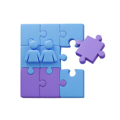 A puzzle illustration featuring light blue and purple pieces with a light blue people icon representing connection and collaboration in creative projects.