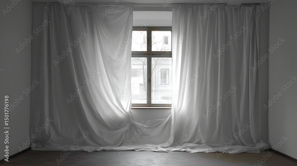 Fototapete a temporary white curtain hangs in front of a window, gently swaying in the breeze, the soft fabric 