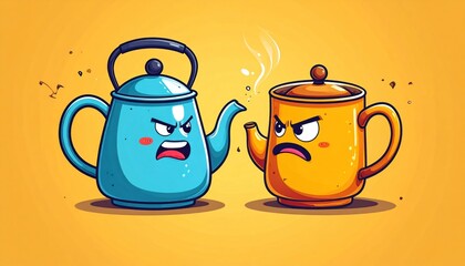 Cartoon kettles face off, angrily glaring, steam rising against a yellow background