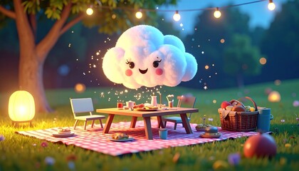 Cartoon cloud hovers over picnic with lights, basket, checkered blanket