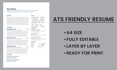 ATS Friendly Resume, CV Format, Resume Format, Customizable and editable, A4, Ready to print, CV template