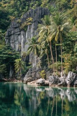 Serene Tropical Lagoon Scene with Limestone Cliffs and Palm Trees Reflecting in Turquoise Water in El Nido Palawan Philippines