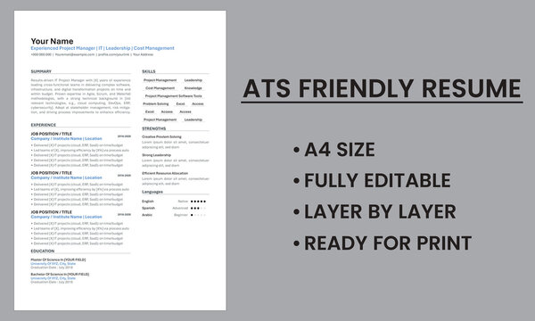 ATS Friendly Resume, CV Format, Resume Format, Customizable and editable, A4, Ready to print, CV template