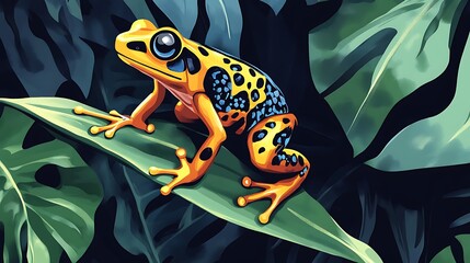 Colorful frog perched on a vibrant leaf.