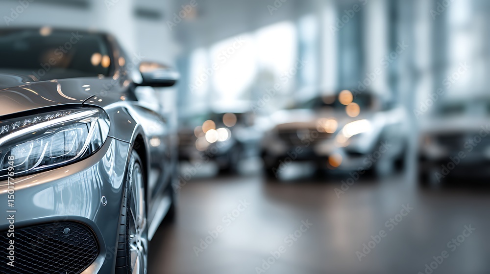 Poster A blurred view of a car showroom with new cars on display, creating an abstract backdrop