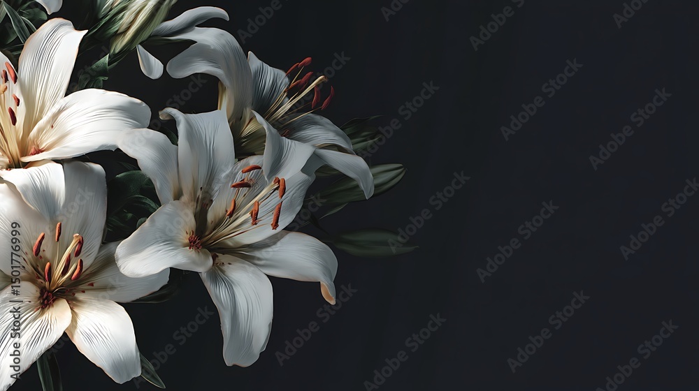 Poster a banner with a dark background and white lily flowers, mourning is depicted through the imagery, re