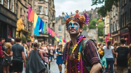 Street performer in elaborate costume amidst a crowd.