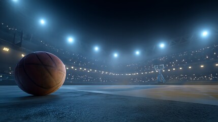 Obraz premium A basketball court with a ball in motion and stadium lights