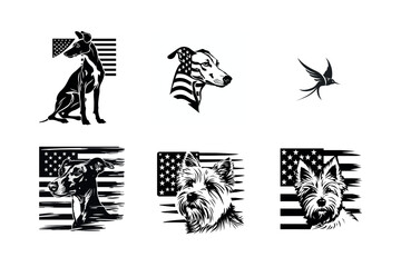 Patriotic dog and bird silhouettes american flag