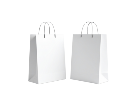 Two pristine white paper shopping bags with twisted rope handles angled view (2)